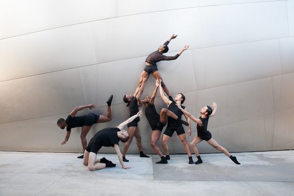 A group of dancers oustide Disney Hall
