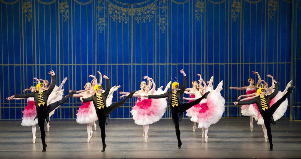 The flowers dance with men dressed as bees