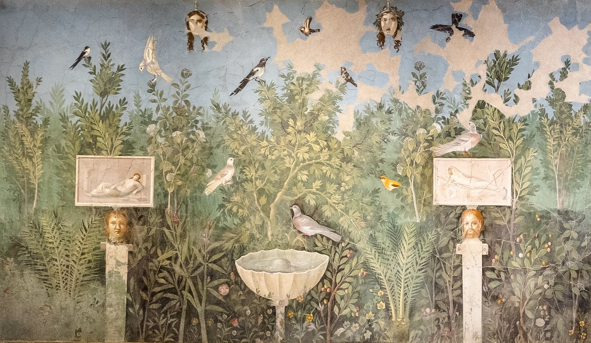 Fresco of Roman garden with birdbath