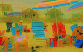 A very vivid and colorful painting of a scene in Cape May, NY.