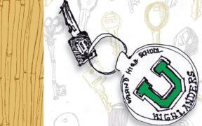 drawaing of key and keychain with a green U on it.