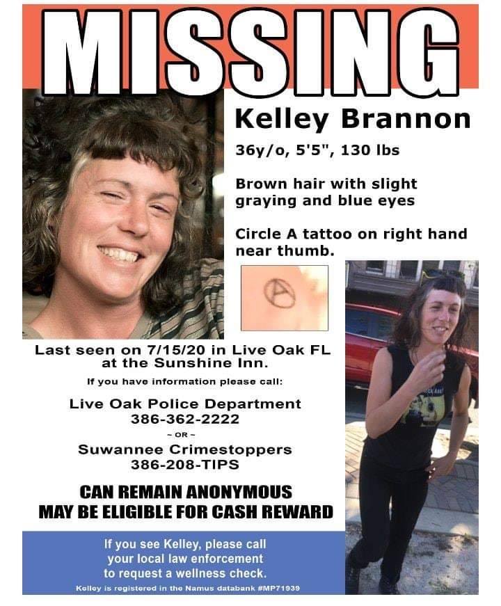 A missing person flyer for Kelley Brannon, with two photos of the person: one a portrait smiling and the other of her standing with her right hand up to show the tattoo on her hand.