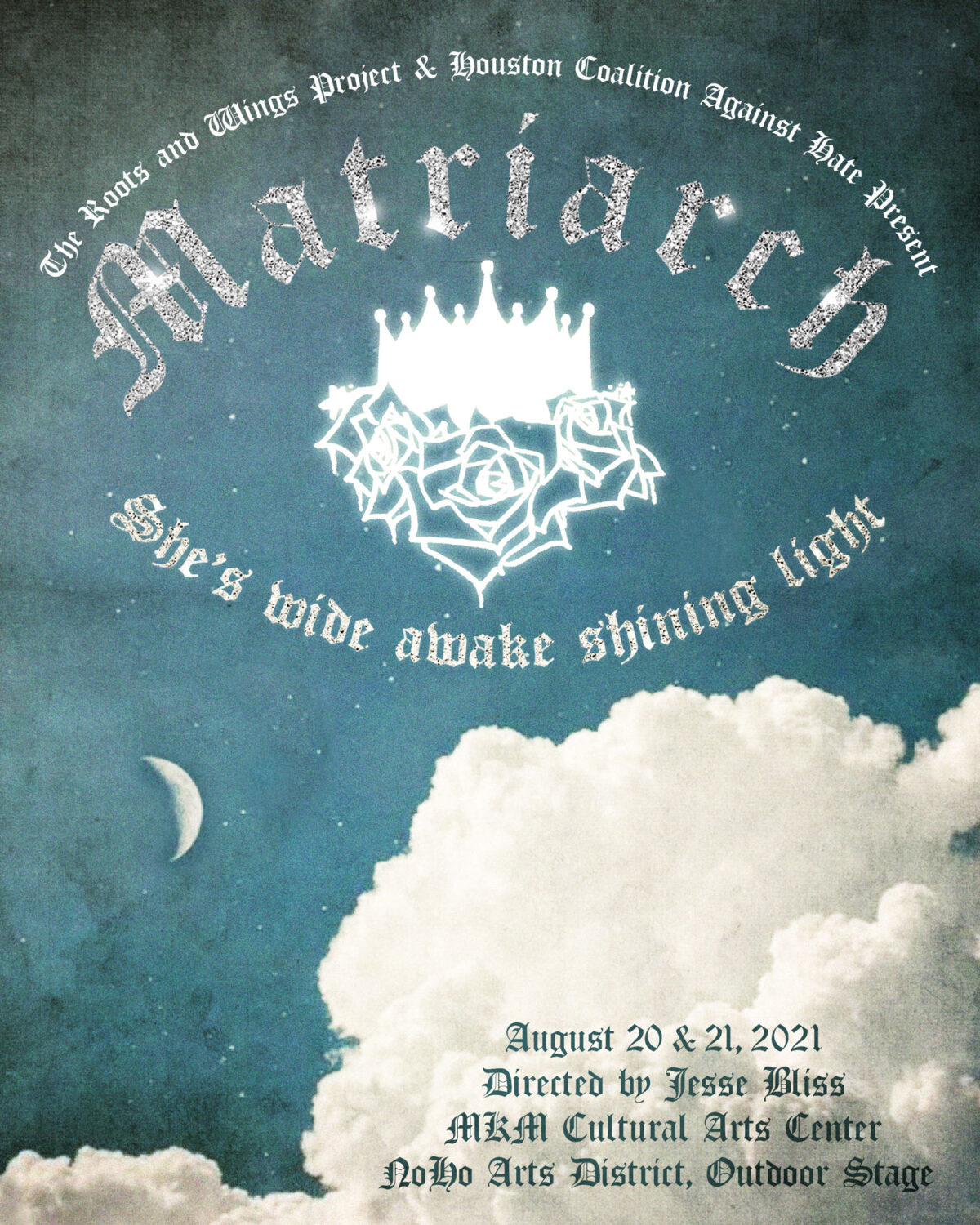 flyer for MATRIARCH, calligraphy letters on a blue sky above while clouds.