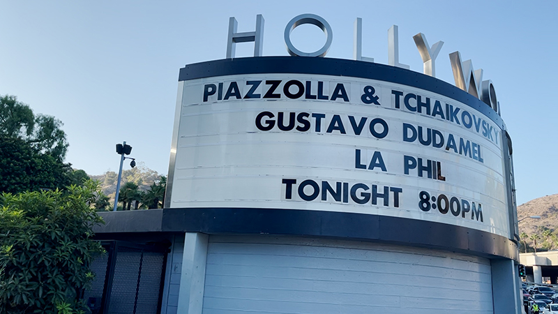Sign with description of Piazzolla & Tchaikovski at the entry of Hollywood Bowl