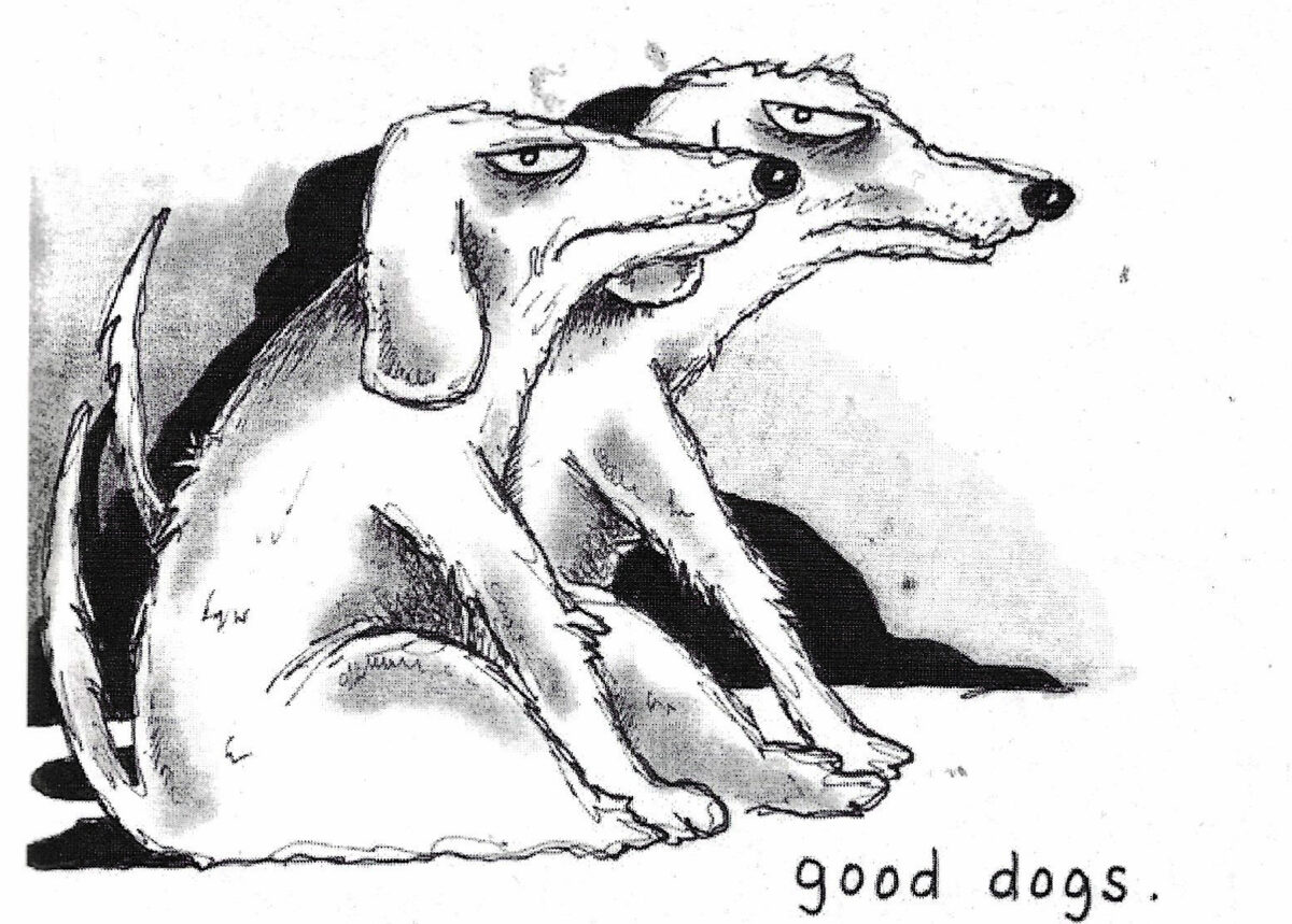 A black-and-white illustration of two dogs by artist Janne Karlsson for John Yamrus--the dogs are seatedand don't look like any particular breed. The dogs' expressions seem like they are irritated by something, getting ready to bark--a kind of crafty gleam in their eyes