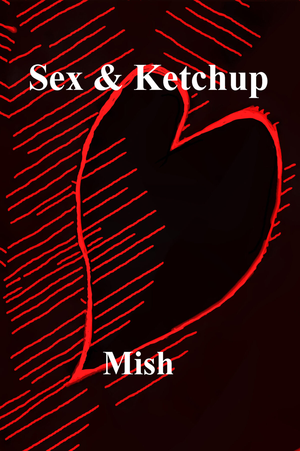 Book cover has a heart shape and diagonial lines in red on a black background, the title Sex & Ketchup up high and the author name Mish down low