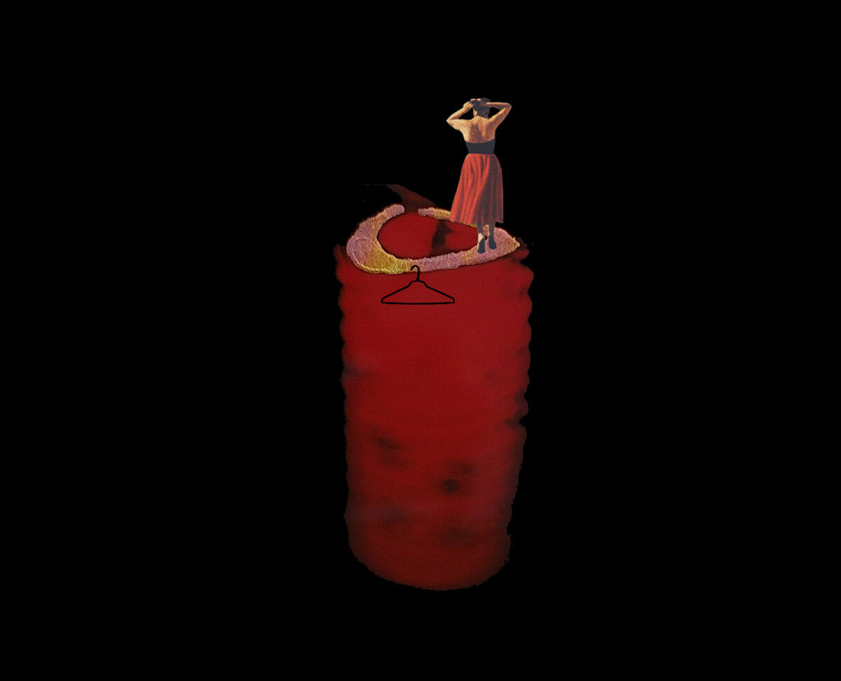On a black background, a woman in a red skirt stands atop a glowing red lantern with a coat hanger suspended from its top edge.