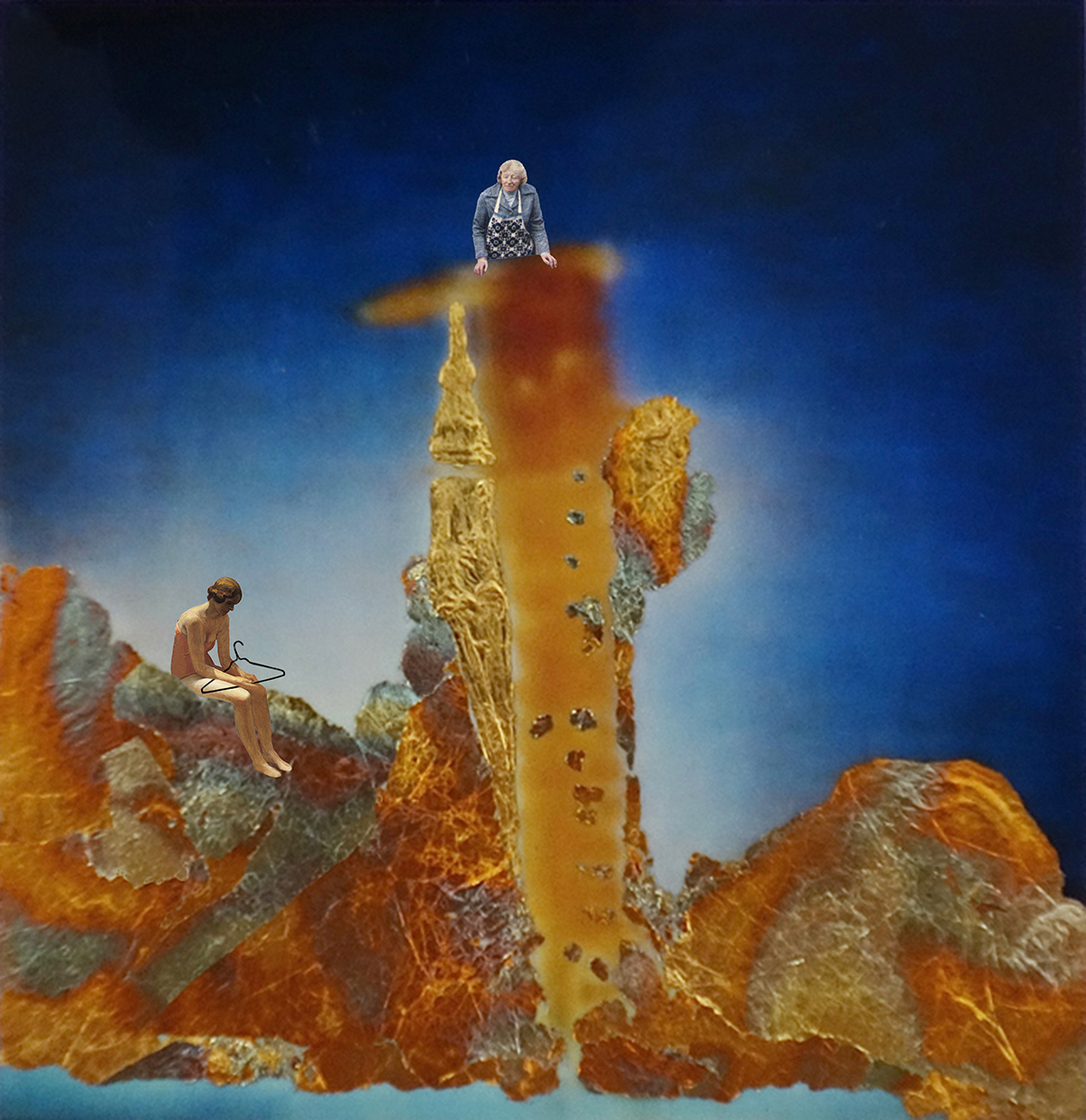 Surrounded by a cobalt blue sky, an elderly woman wearing an apron is perched above a phallic-shaped rockey crag. She looks down on a despondent young woman, who holds a coat hanger in her lap.