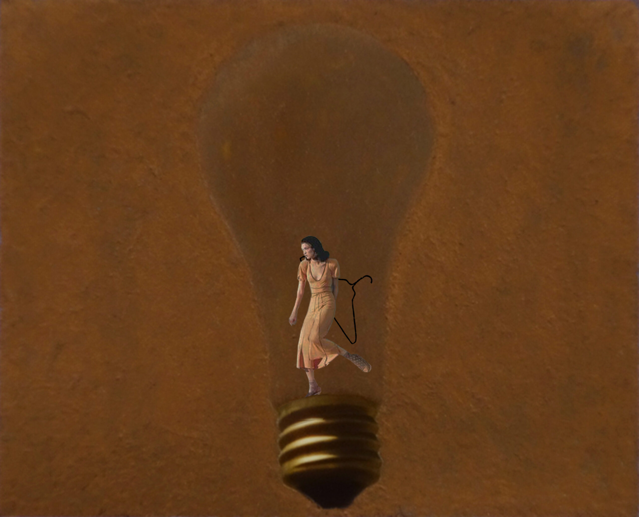In this digital painting called My Choice #4, a woman, with a coat hanger under her arm, stands inside a giant copper-colored light bulb against a copper-colored background. With one leg slightly raised, she looks away from the viwer.
