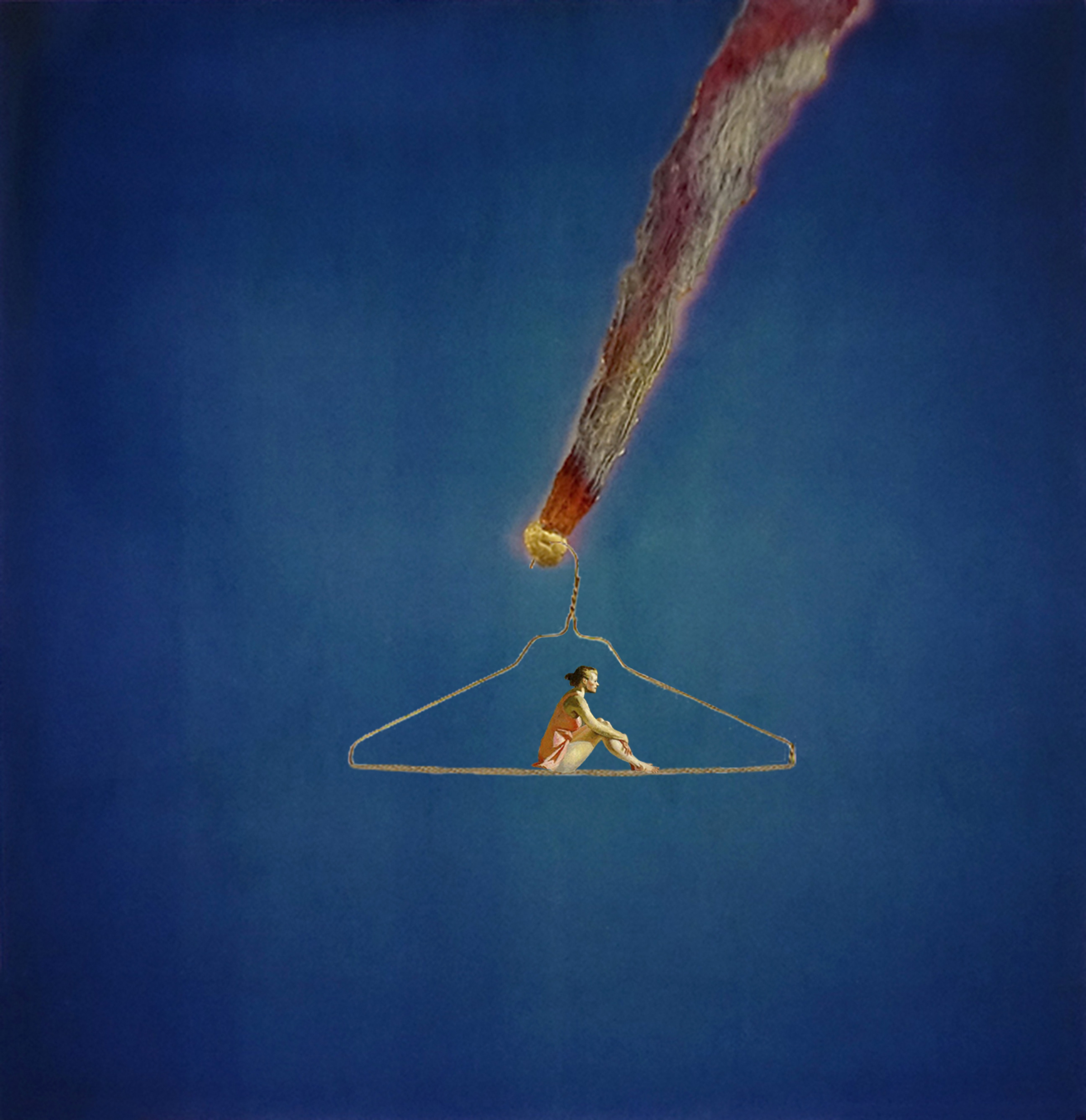 A rocket capsule falls from a cobalt blue sky to the center of the image. Hanging from its tip is a giant coat hanger with a tiny woman seated upon its base.