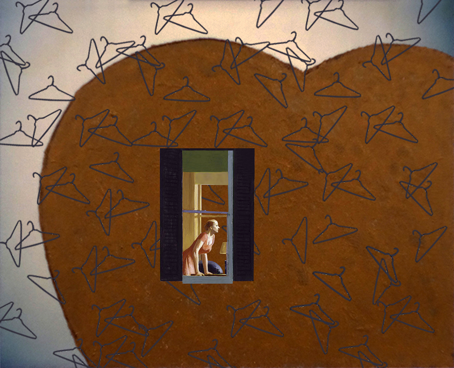 A giant copper-colored heart fills the image. In its center is a window with a window looking through it, while outside it's raining coat hangers everywhere.