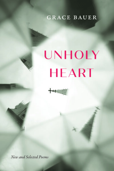 A photo of the front book cover for Unholy Heart by Grace Bauer--it's a black & white & gray abstract with triangles and objects that look like vaguely like chess pieces.