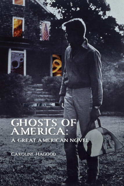 Book cover of Ghosts of America: a picture of a man in shit and white pants looking back at a house. He's carrying a carry-on.