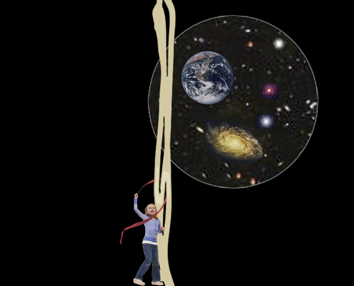 A little girl hurls a red ribbon through a tower of white lines on a black background. A large circle, beside and above her, holds images of the Earth, gallaxies and stars.