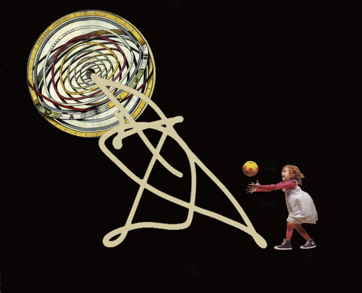 A little girl tosses a yellow ball into the air. She stands on the edge of a large white scribbled white line on a black background. Above her to the left is a giant circle containing a depiction of the 17th century Ptolemaic system containing zodiac images.