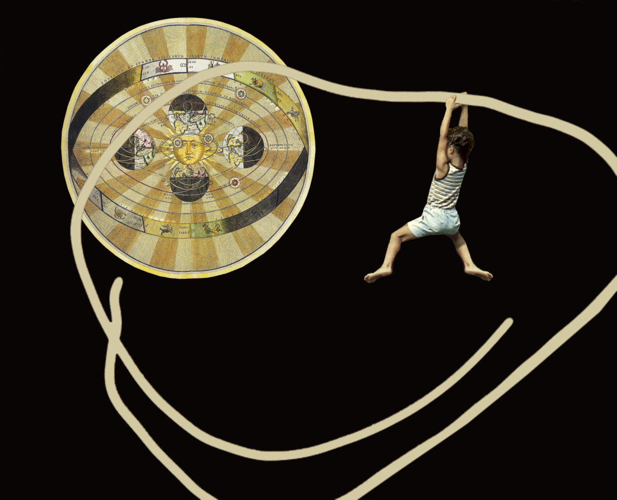 Childhood is a little boy hangs from a circular white line drawn against a black background. Suspended in front of him is a large disc which contains a 17th century depiction of the astrological symbols with the sun at its center.