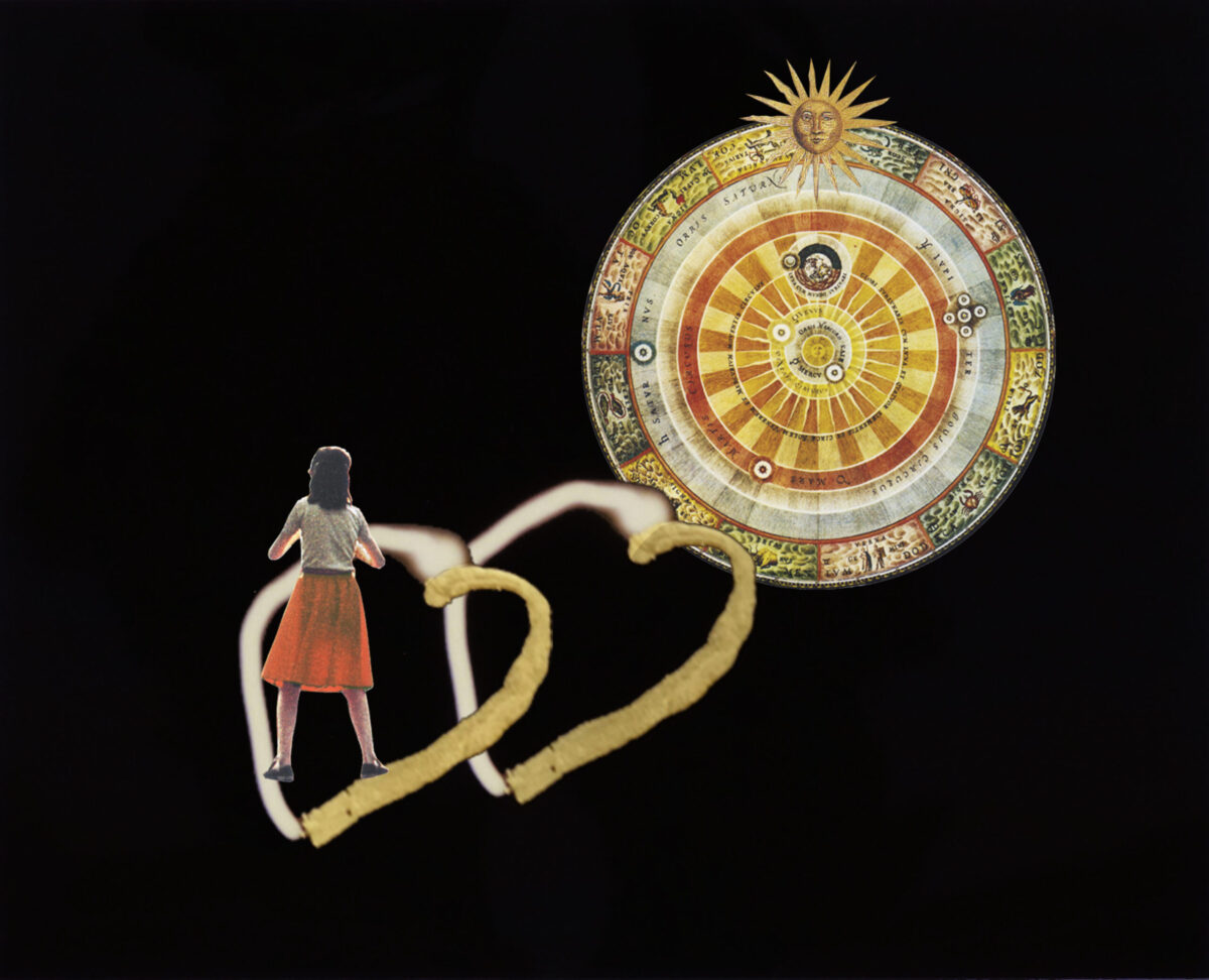 A teenage girl in a red skirt stands atop two golden heart-shaped line drawings on a black background. Behind the hearts is a large circular astrological drawing with a sun on top in gold, yellows, and reds.