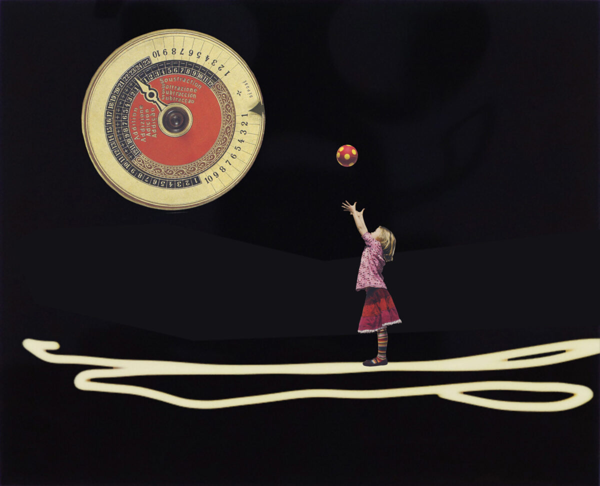 A small girl stands atop a series of white lines on a black background. She tosses a ball into the air. Above her and to her left is a large circular image from a Victorian era mathematical game called "The Little Mathematician" used to help childeren learn math.
