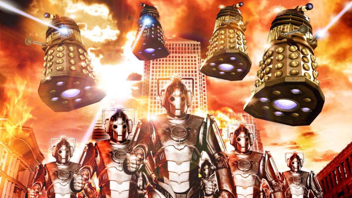 Doctor Who villains, four robots, known as Daleks, fly with lasers firing, while below them, five humanoid robots, known as Cybermen, march