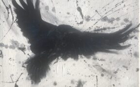 painting of a flying raven, its wings spread wide on a white canvas with black paint splatters