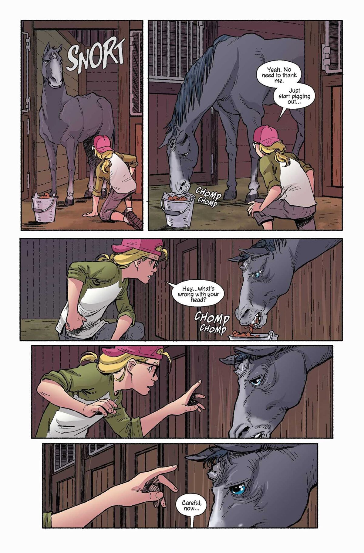 Five more panels from the comic book Unikorn. The young girl considers the possibility that the bump on the horse's head might be the remains of a unicorn horn that was broken off.