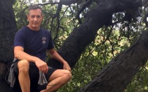 Writer R. Daniel Foster, sitting on gthe branch of a giant oak tree