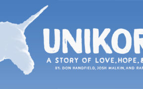 Banner for a comic called Unikorn, with white letters on blue background and a unicorn shaped cloud