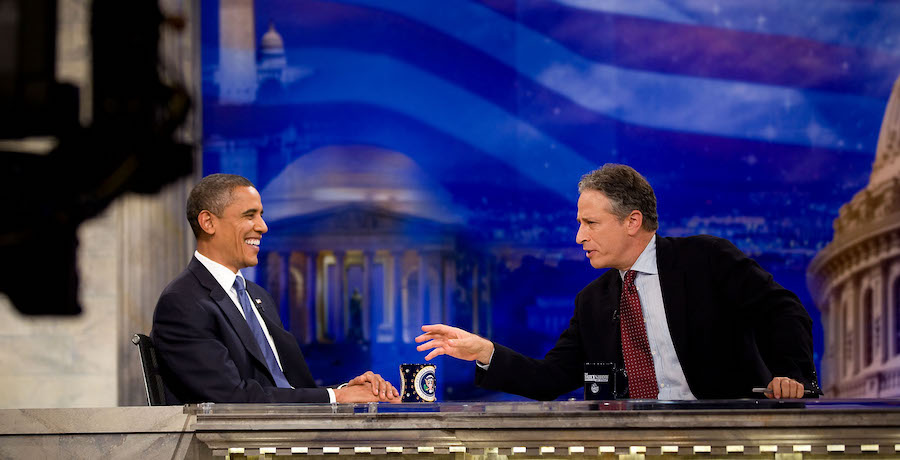 Barack Obama laughing on Jon Stewart's show