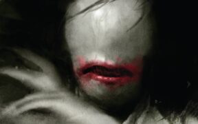 creepy white face with no eyes, red lipstick smeared on the lips.
