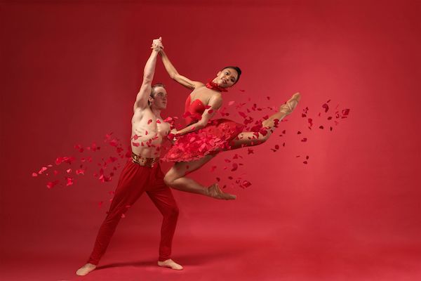 A male dancer lifts a female dancer amid a flurry of flower petals