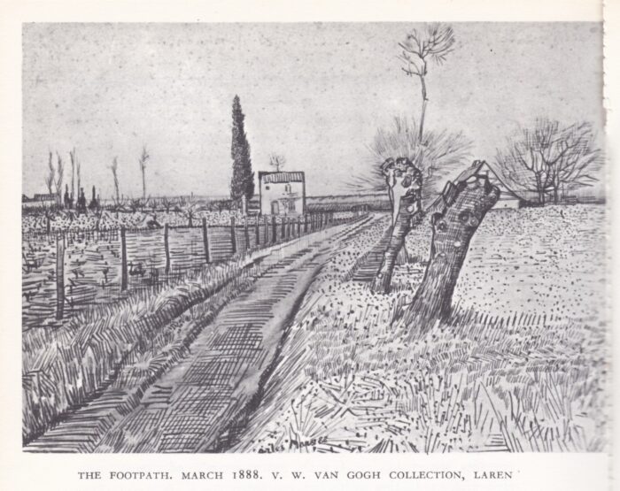 Vincent Van Gogh sketch of a foot path by tree trunks beheaded