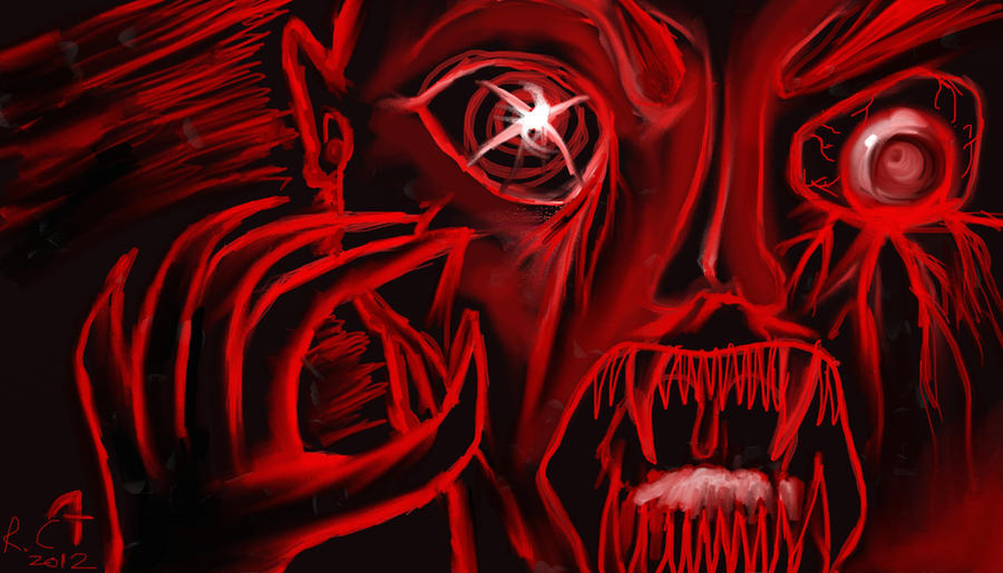 drawing of a demon face in red on black paper insanity