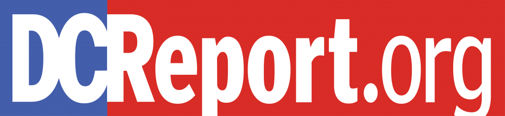 DCReport logo of blue, white, and red.