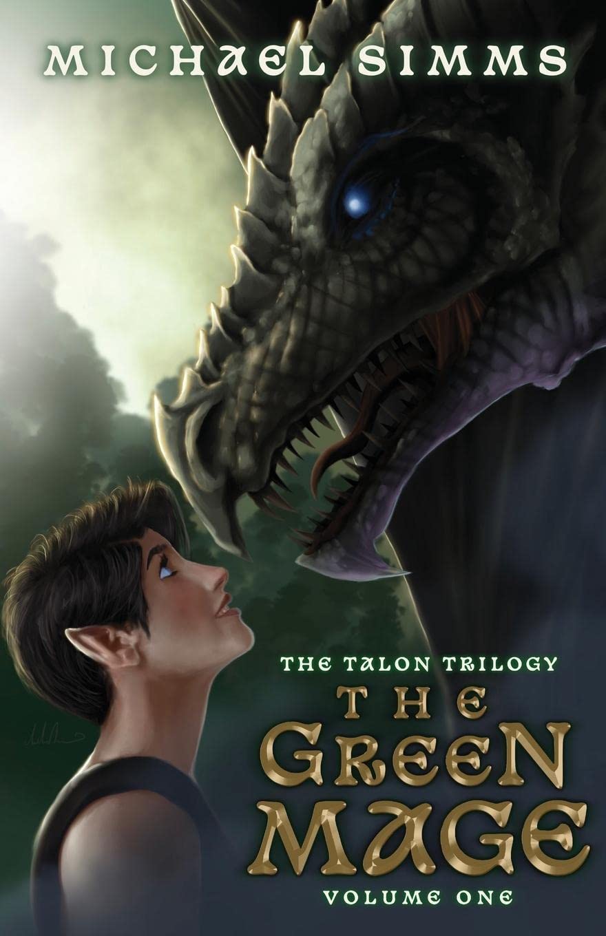 cover of The Green Mage by Michael Simms showing a dragon and young man