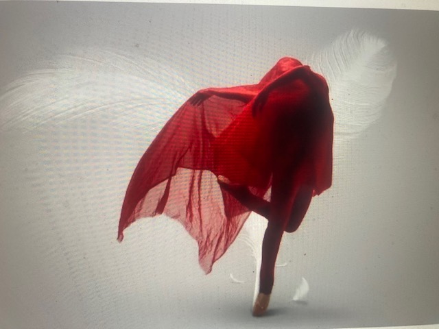 A dancer underneath a sheer red scarf