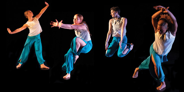 Four dancers in blue pants in different positions