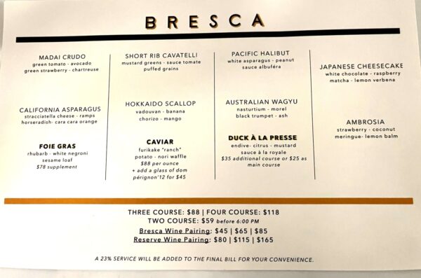 menu at Bresca